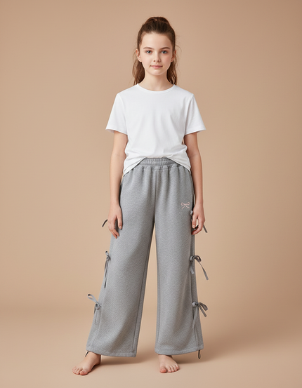 Pantalon Gris Ample Coton Sportif Nœuds Latéraux - Molleton