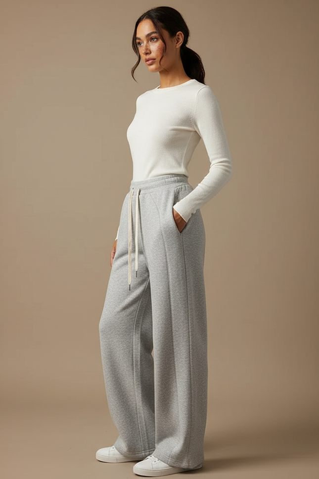 Pantalon Gris Molletonné Ample Décontracté Cordon