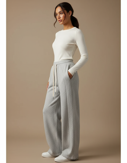 Pantalon Gris Molletonné Ample Décontracté Cordon