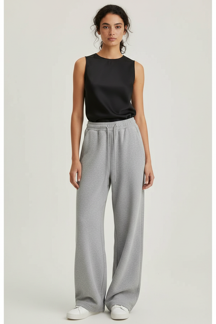 Pantalon Gris Décontracté Fluide Large Coton - Molleton