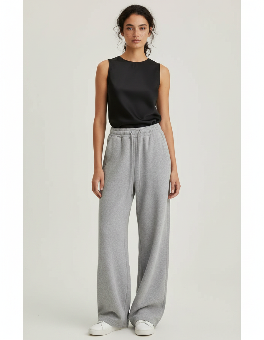 Pantalon Gris Décontracté Fluide Large Coton - Molleton