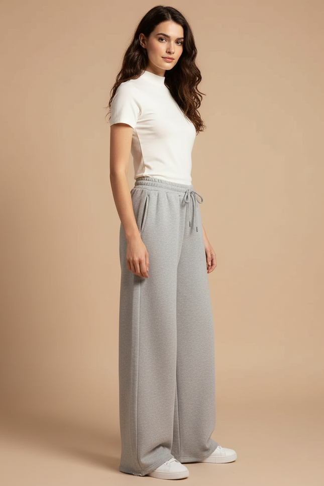Pantalon Gris Droit Ample Décontracté Molletonné Femme