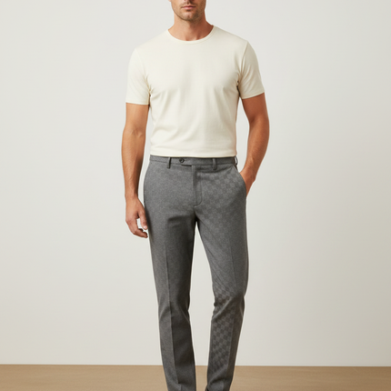 Pantalon Gris Slim Habillé Motif Carreaux Élégant - Gabardine