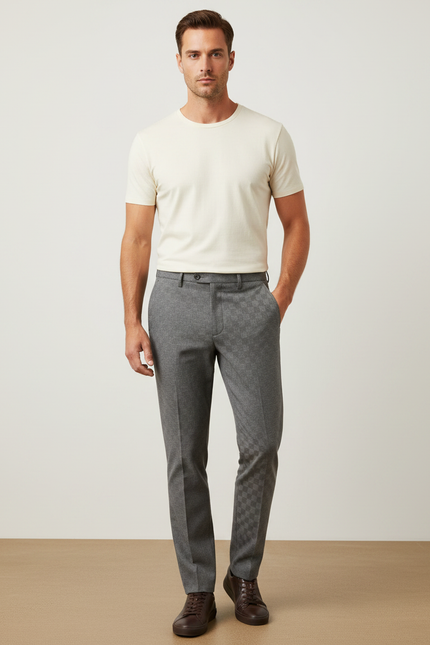 Pantalon Gris Slim Habillé Motif Carreaux Élégant - Gabardine