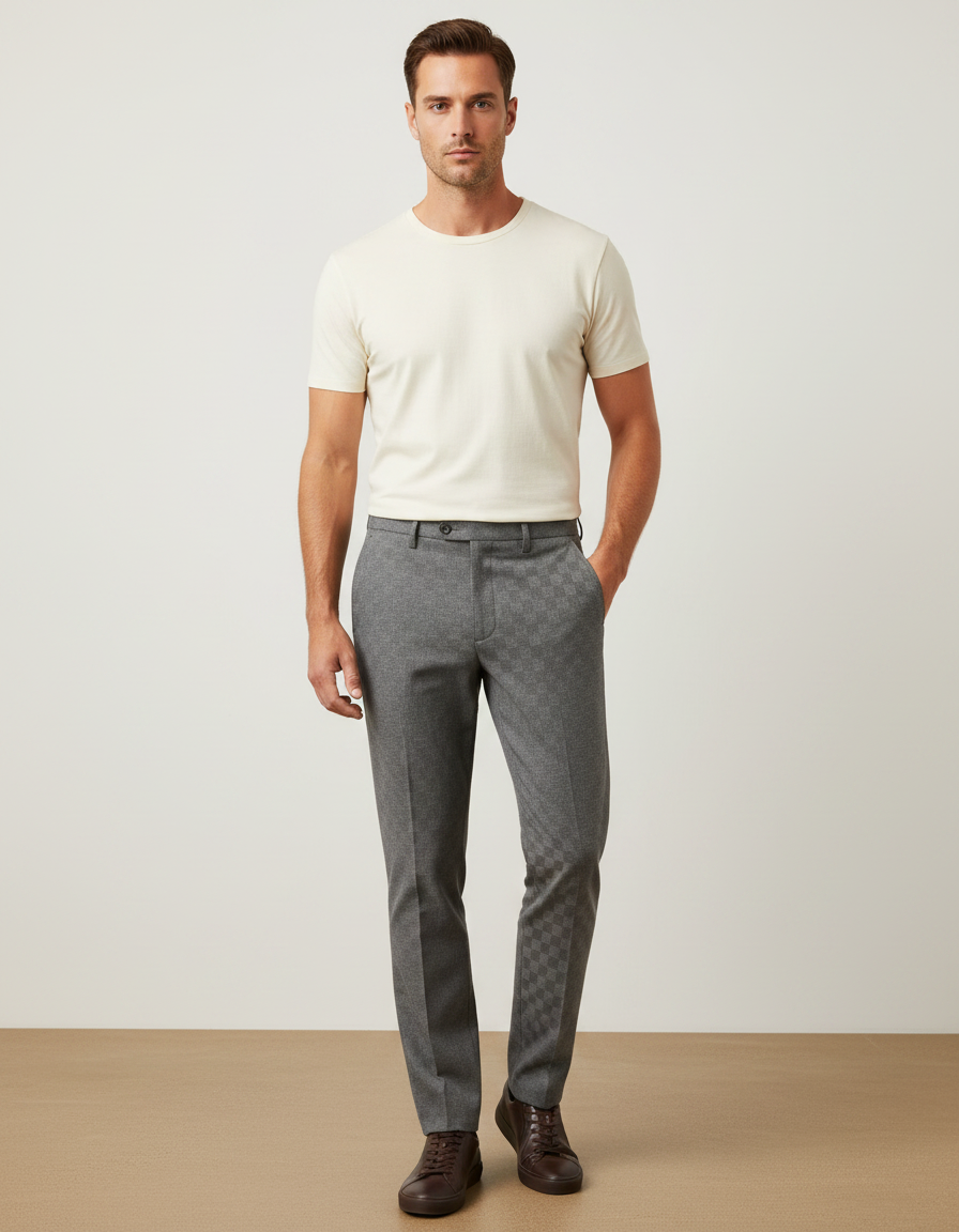 Pantalon Gris Slim Habillé Motif Carreaux Élégant - Gabardine
