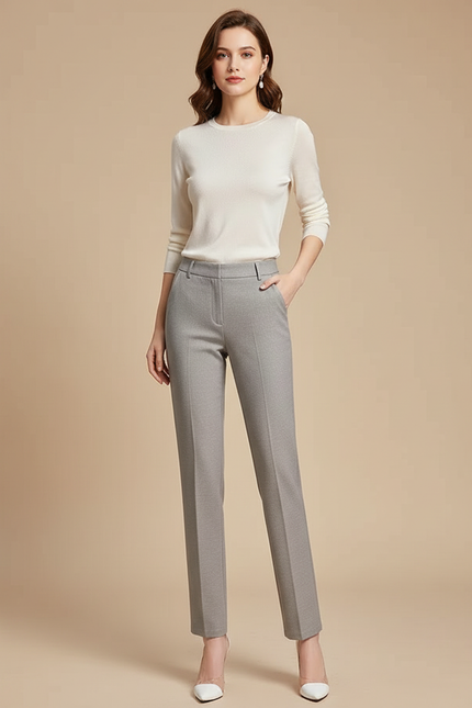 Pantalon Gris Femme Taille Haute - Gabardine