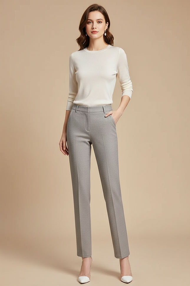 Pantalon Gris Femme Taille Haute - Gabardine