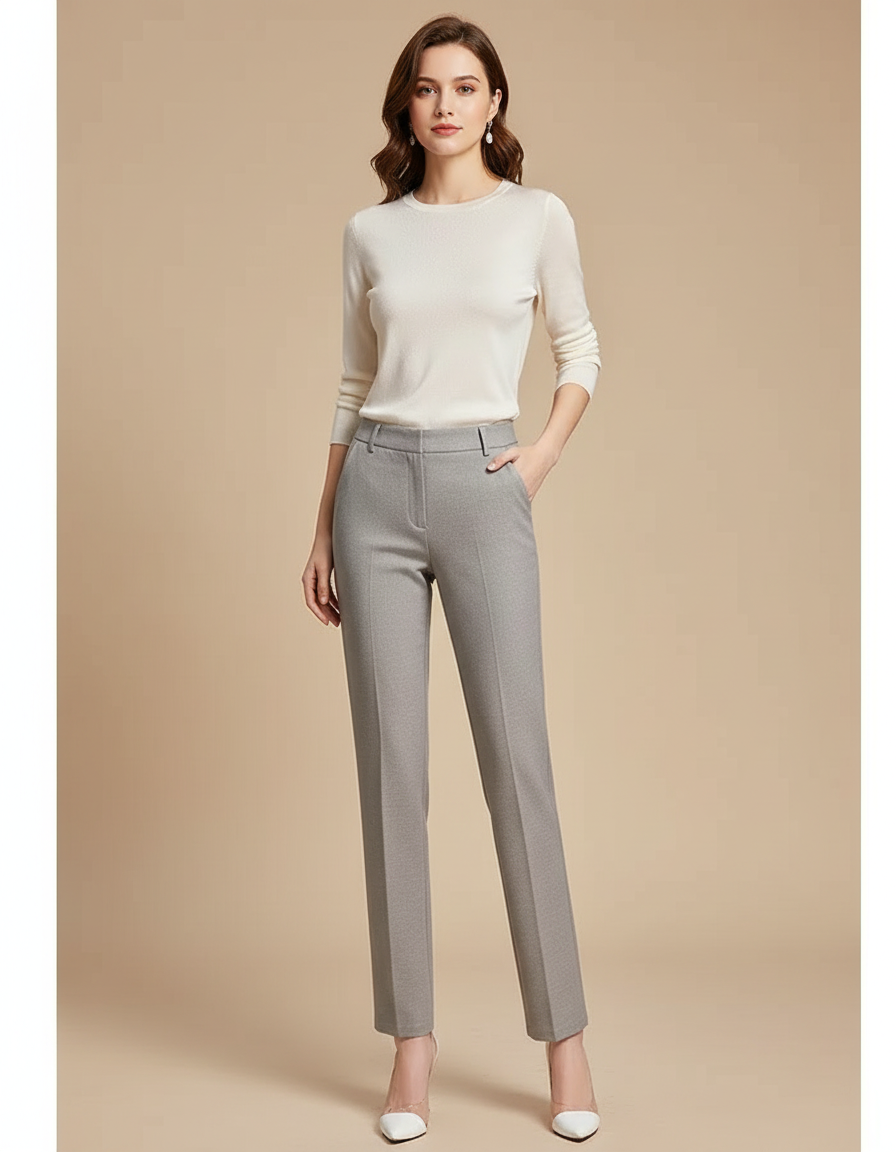 Pantalon Gris Femme Taille Haute - Gabardine