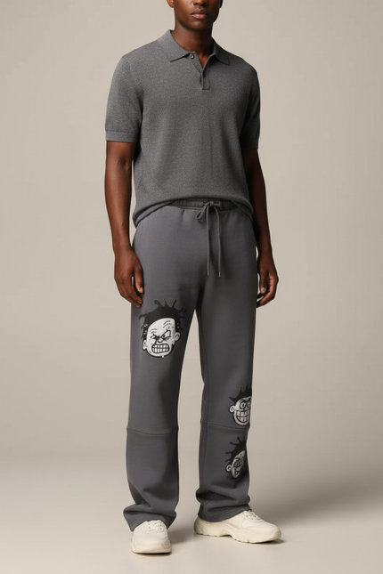 Pantalon Gris Molletonné Ample Décontracté Imprimé
