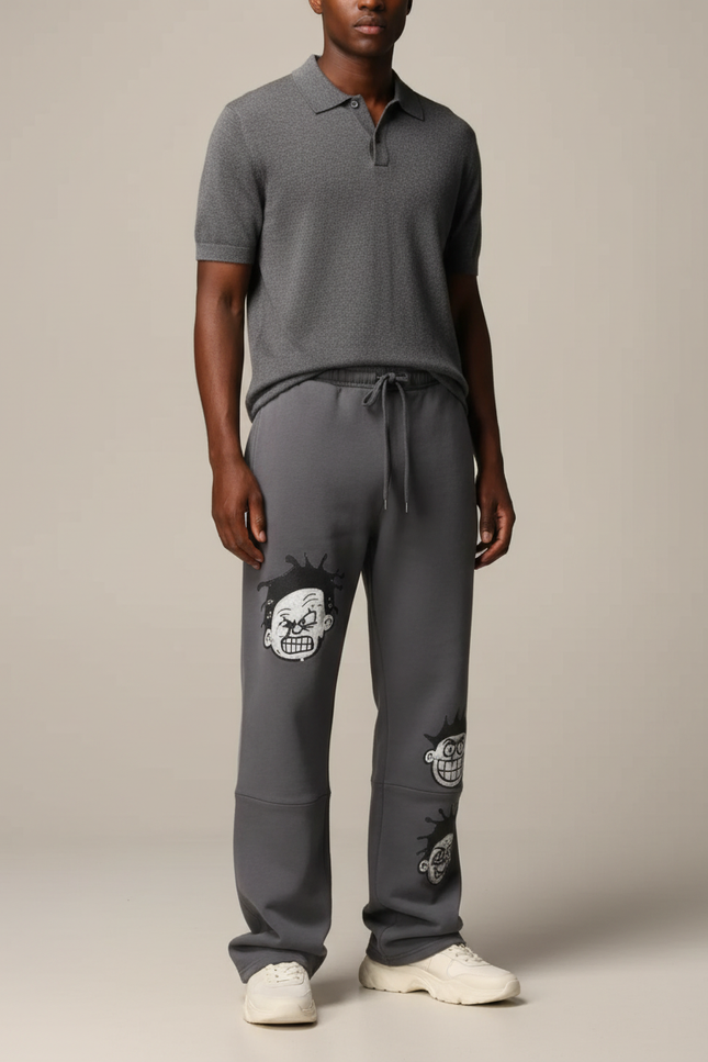 Pantalon Gris Molletonné Ample Décontracté Imprimé