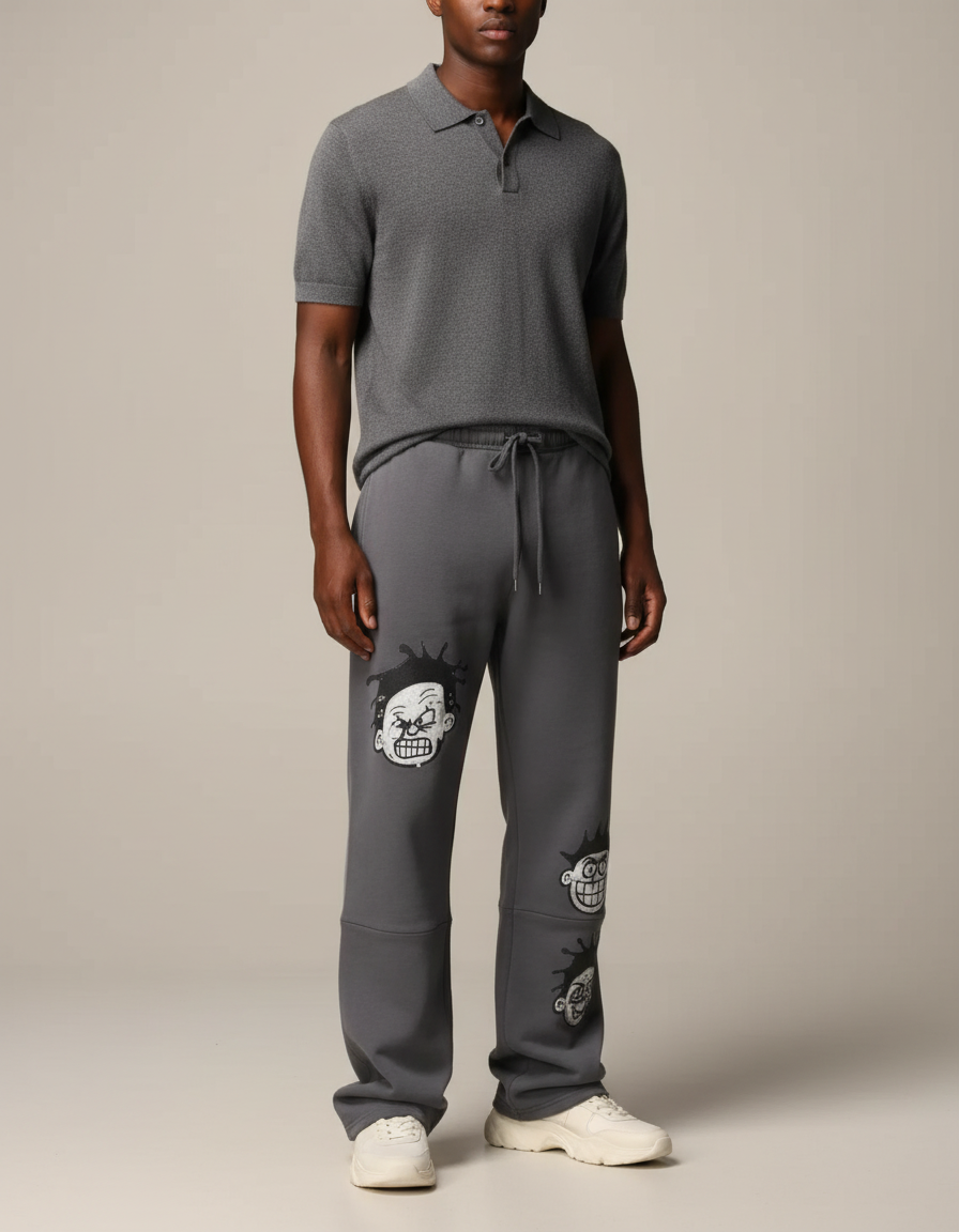 Pantalon Gris Molletonné Ample Décontracté Imprimé