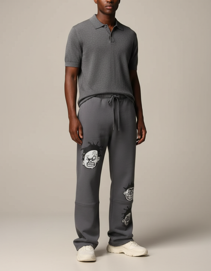 Pantalon Gris Molletonné Ample Décontracté Imprimé