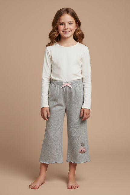 Pantalon Gris Fille Molletonné Ample Motif Lapin