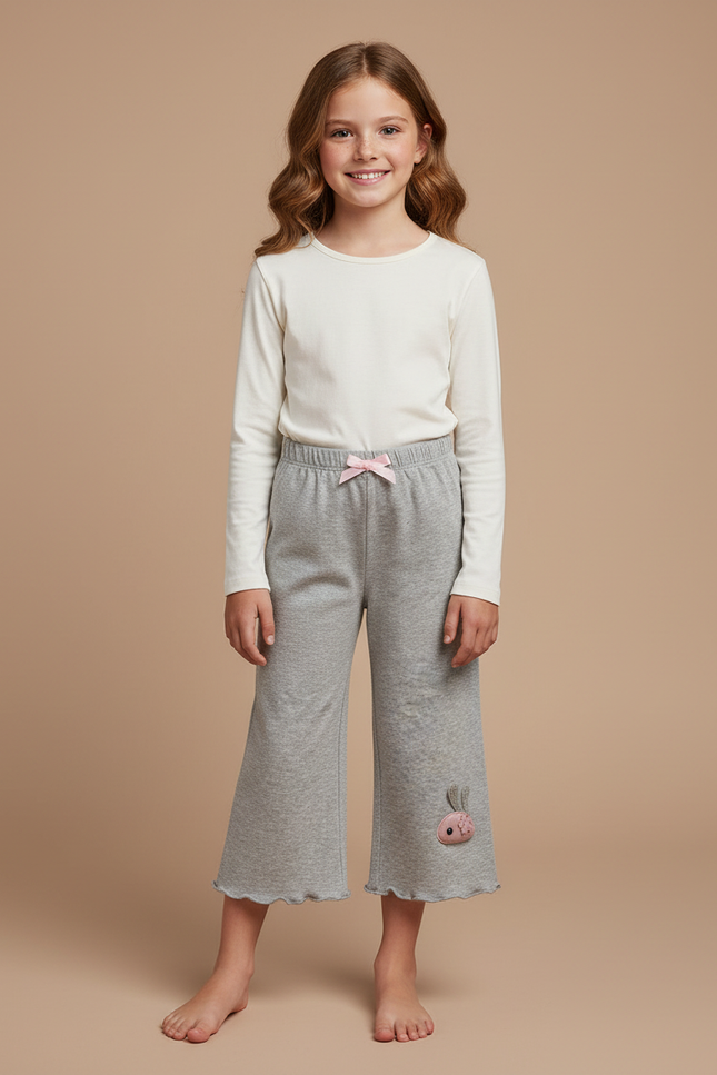 Pantalon Gris Fille Molletonné Ample Motif Lapin