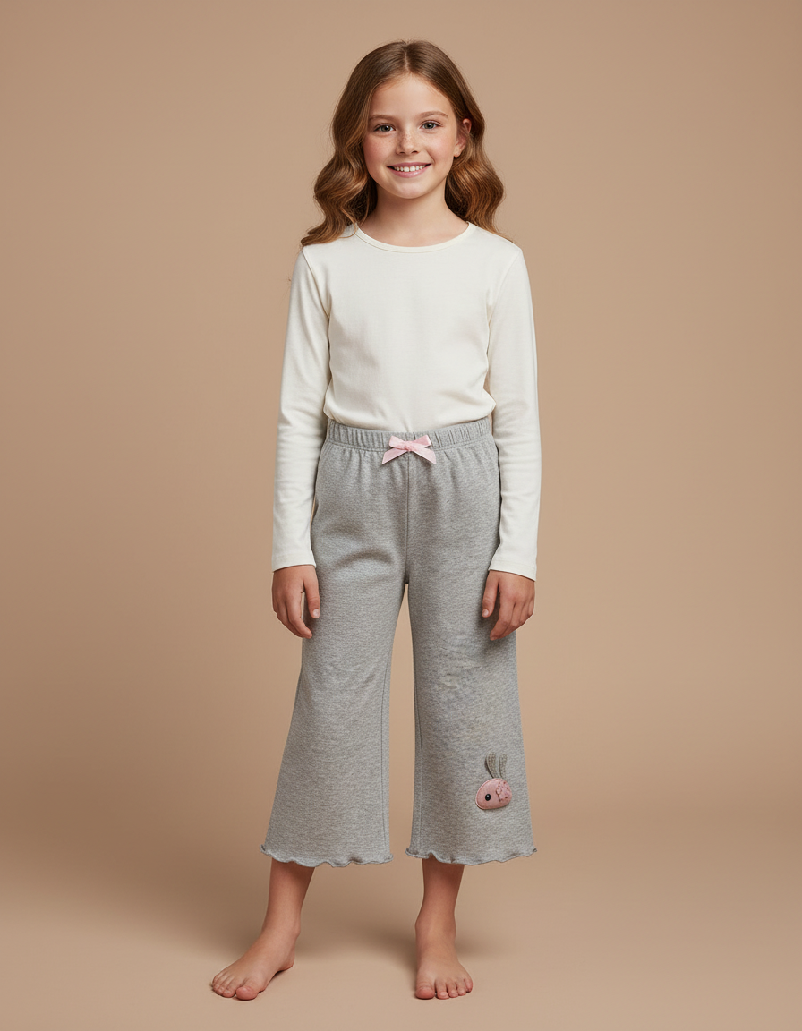 Pantalon Gris Fille Molletonné Ample Motif Lapin
