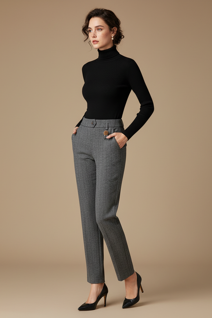 Pantalon Gris Carreaux Femme - Tweed