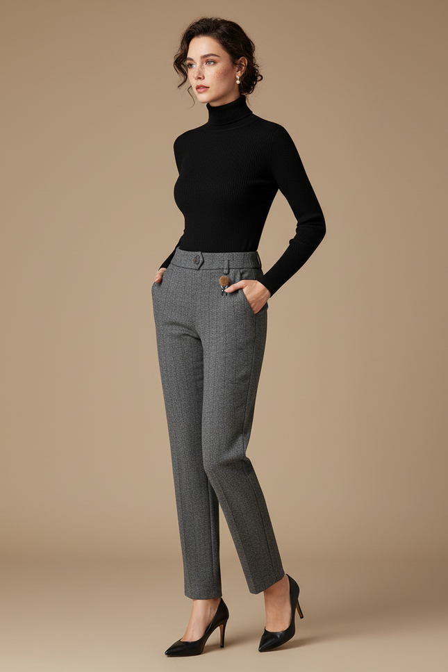 Pantalon Gris Carreaux Femme - Tweed