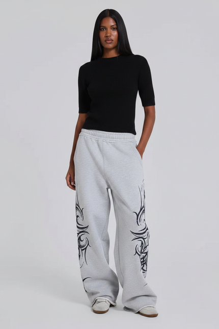 Pantalon Gris Ample Décontracté Imprimé Tribal Femme - Molleton