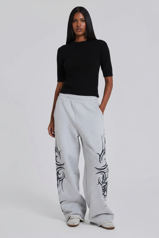 Pantalon Gris Ample Décontracté Imprimé Tribal Femme - Molleton