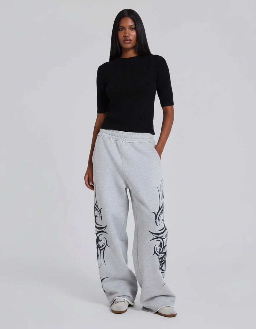 Pantalon Gris Ample Décontracté Imprimé Tribal Femme - Molleton