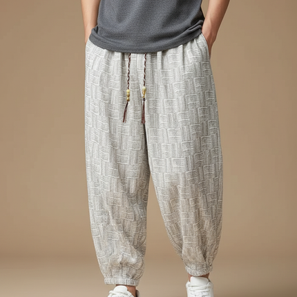 Pantalon Gris Ample Décontracté Ethnique Motif Géométrique - Lin