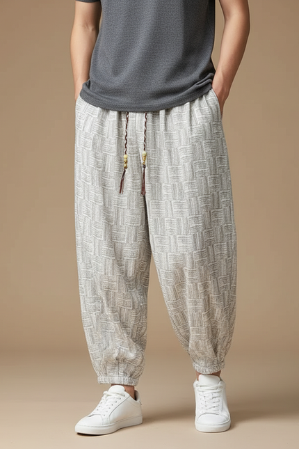 Pantalon Gris Ample Décontracté Ethnique Motif Géométrique - Lin