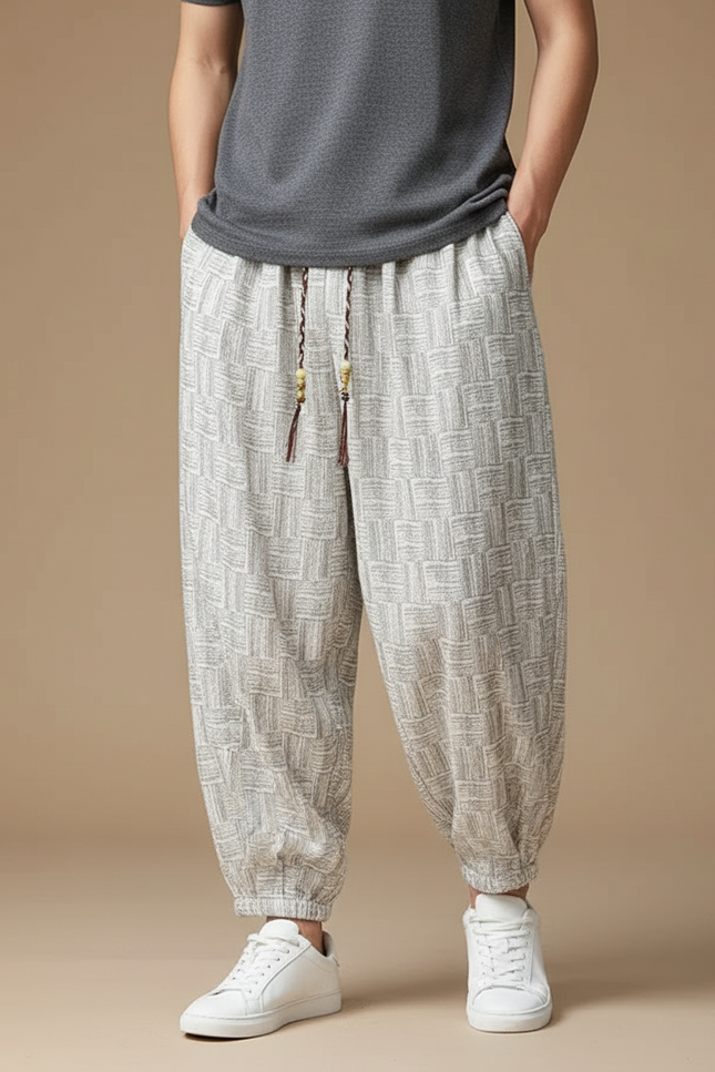 Pantalon Gris Ample Décontracté Ethnique Motif Géométrique - Lin
