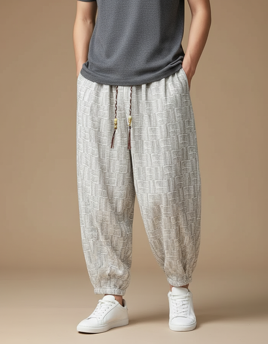 Pantalon Gris Ample Décontracté Ethnique Motif Géométrique - Lin