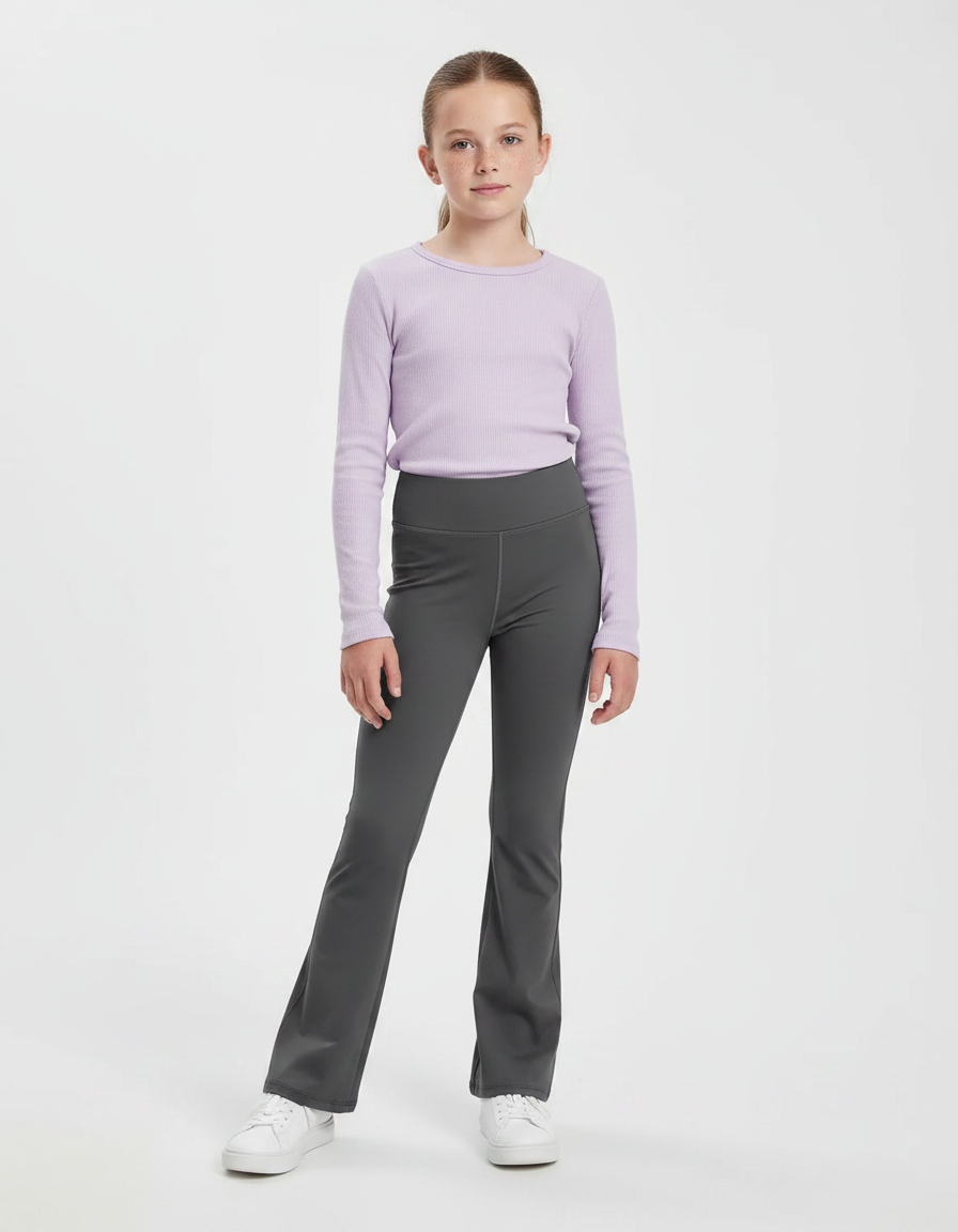 Pantalon Gris Évasé Taille Haute Confortable Fille - Polyester