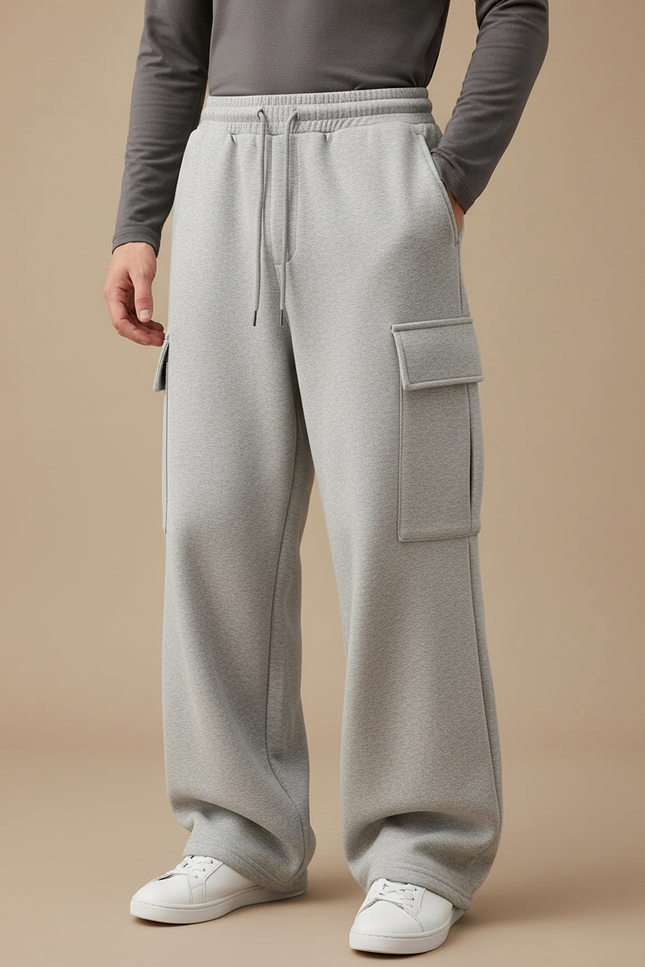 Pantalon Gris Ample Cargo Molletonné Décontracté Homme