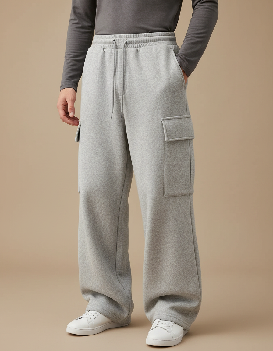 Pantalon Gris Ample Cargo Molletonné Décontracté Homme