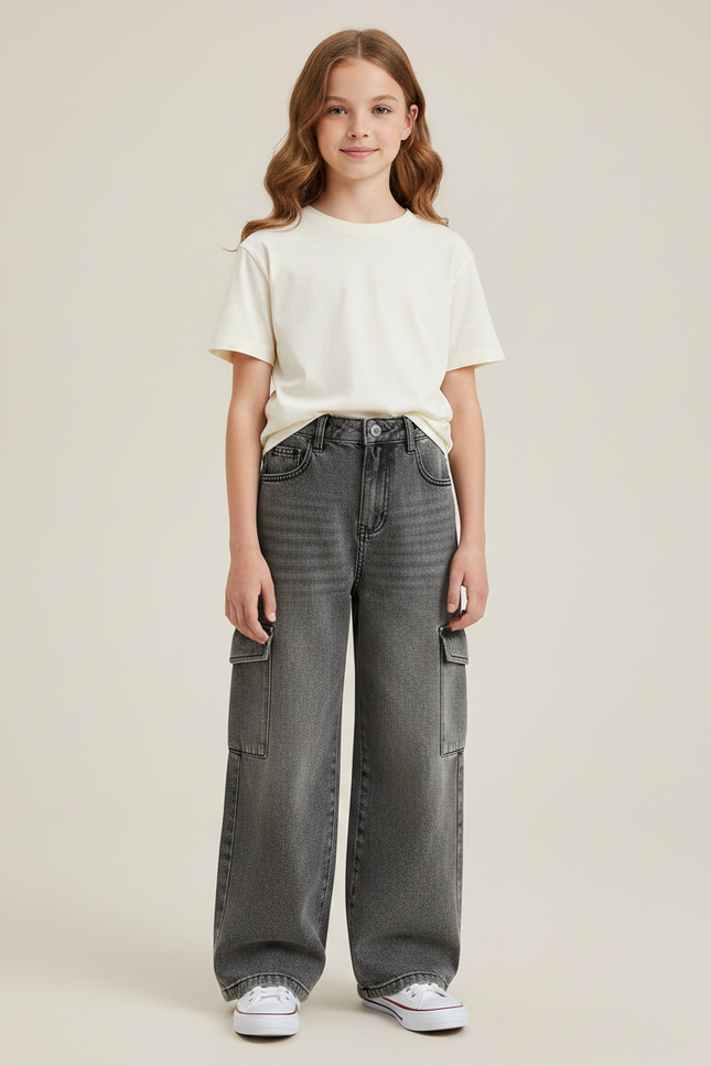 Pantalon Gris Cargo Large Denim Enfant Fille - Jean