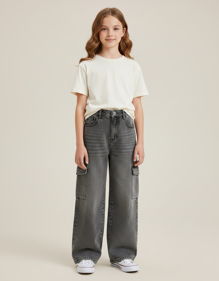 Pantalon Gris Cargo Large Denim Enfant Fille - Jean