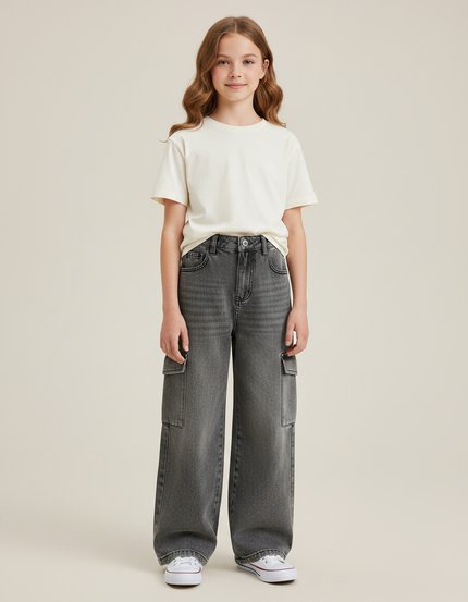 Pantalon Gris Cargo Large Denim Enfant Fille - Jean