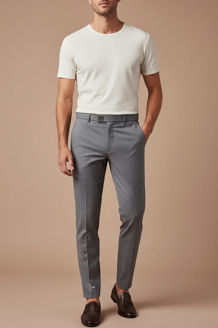 Pantalon Gris Homme Slim Élégant Décontracté Ajusté - Gabardine