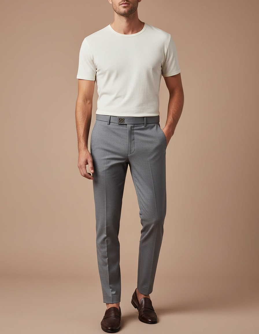 Pantalon Gris Homme Slim Élégant Décontracté Ajusté - Gabardine