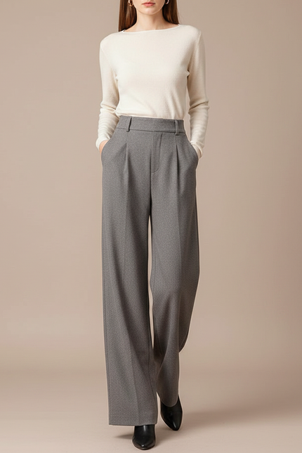 Pantalon Large Femme Gris - Laine