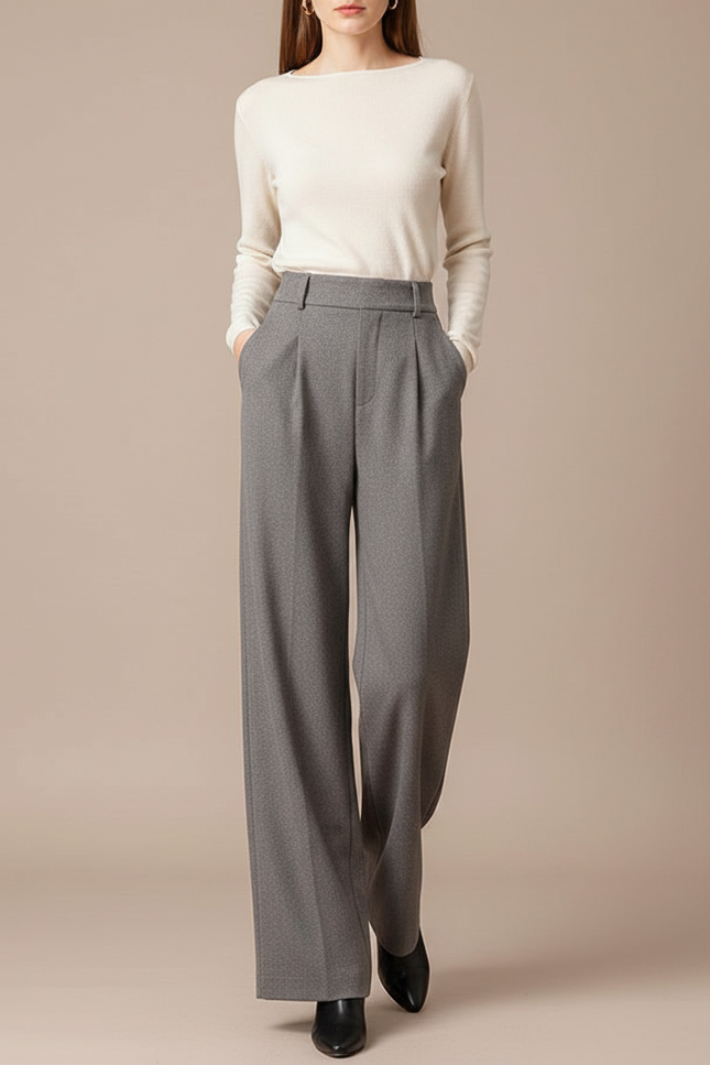 Pantalon Large Femme Gris - Laine