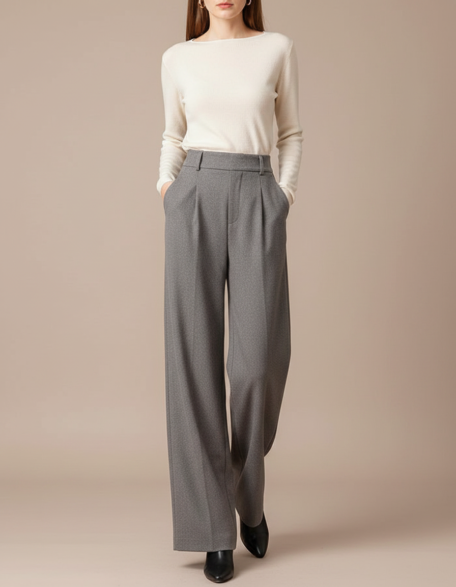 Pantalon Large Femme Gris - Laine