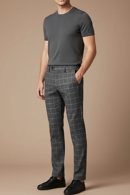 Pantalon Gris À Carreaux Élégant Slim Homme - Laine