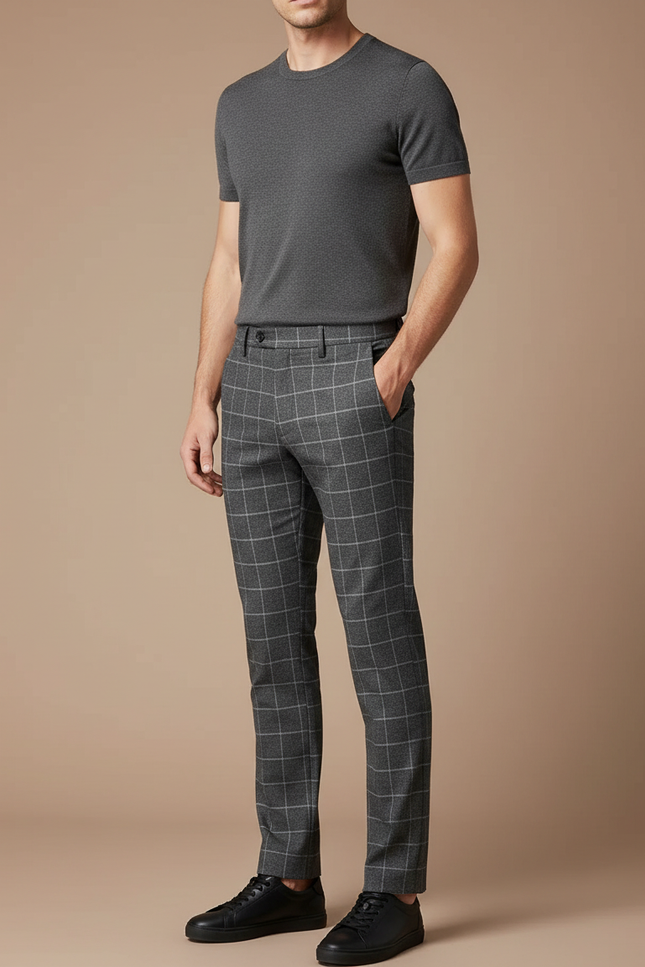 Pantalon Gris À Carreaux Élégant Slim Homme - Laine