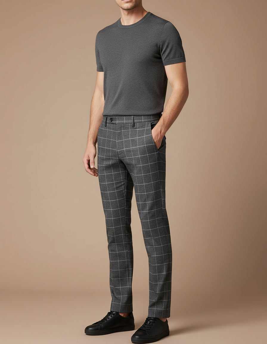 Pantalon Gris À Carreaux Élégant Slim Homme - Laine