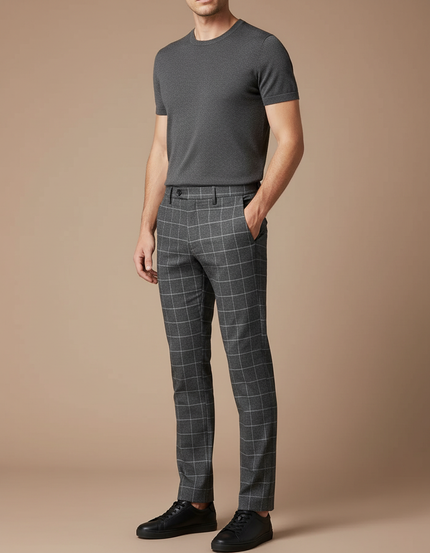 Pantalon Gris À Carreaux Élégant Slim Homme - Laine