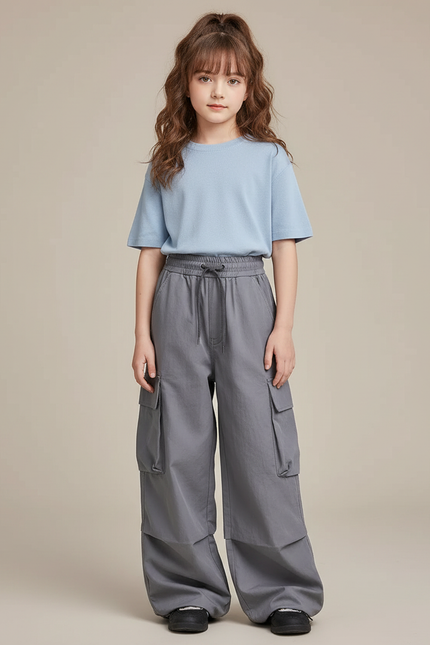 Pantalon Gris Cargo Ample Enfant Taille Haute - Polyester