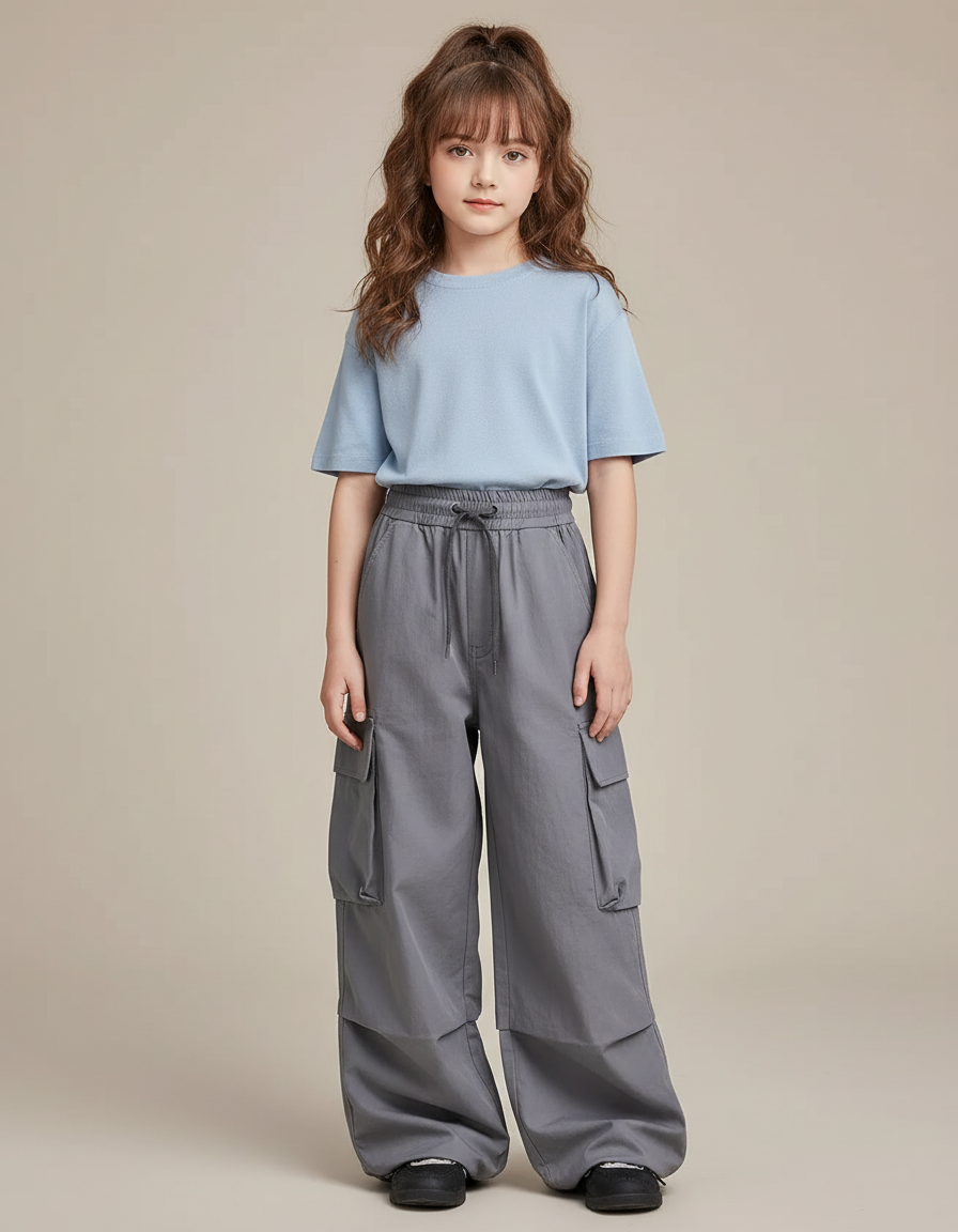 Pantalon Gris Cargo Ample Enfant Taille Haute - Polyester