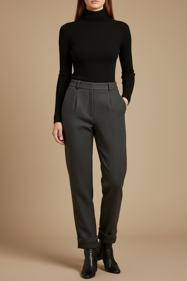 Pantalon Gris Texturé Plissé Ample Femme Élégant - Tweed