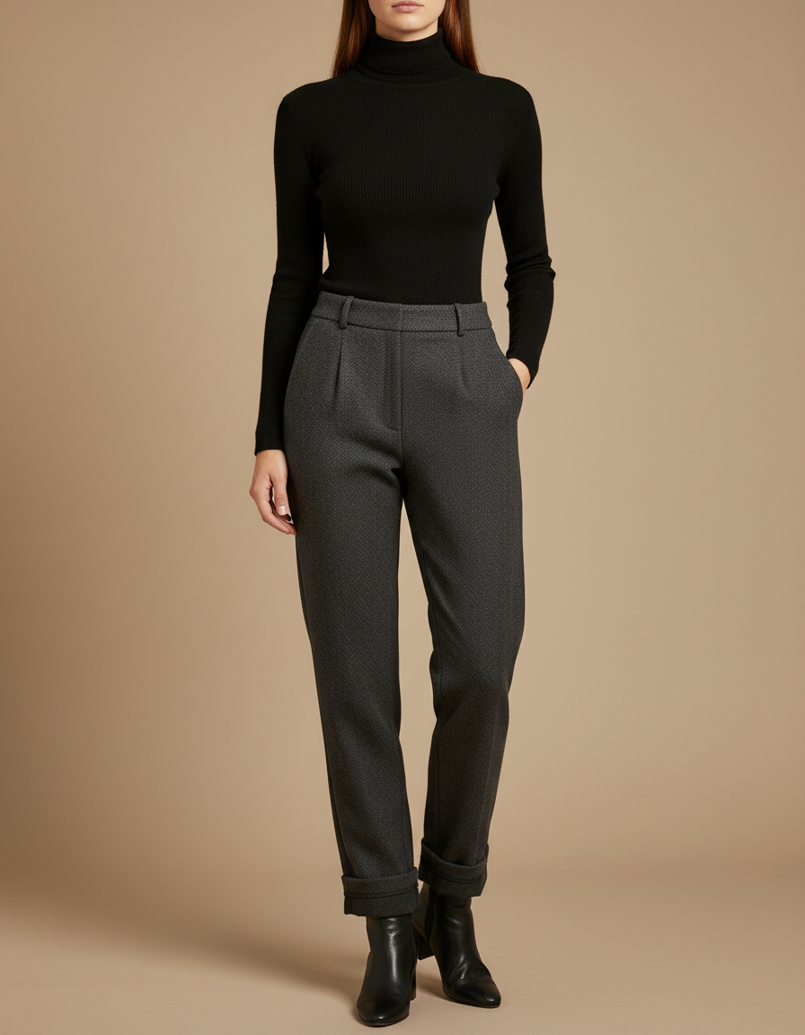 Pantalon Gris Texturé Plissé Ample Femme Élégant - Tweed