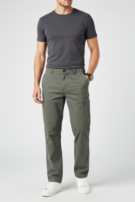 Pantalon Gris Cargo Coton Coupe Droite Homme - Kaki Toile