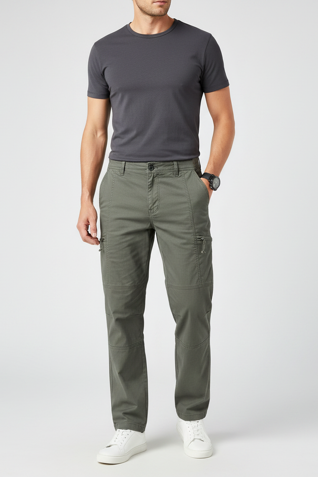 Pantalon Gris Cargo Coton Coupe Droite Homme - Kaki Toile