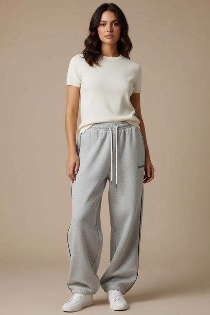 Pantalon Gris Ample Rayé Molletonné Décontracté Femme